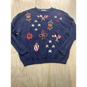 Alfred Dunner Women’s Plus 3x Patriotic Sweater Ramie Stars Nautical Chunky Knit